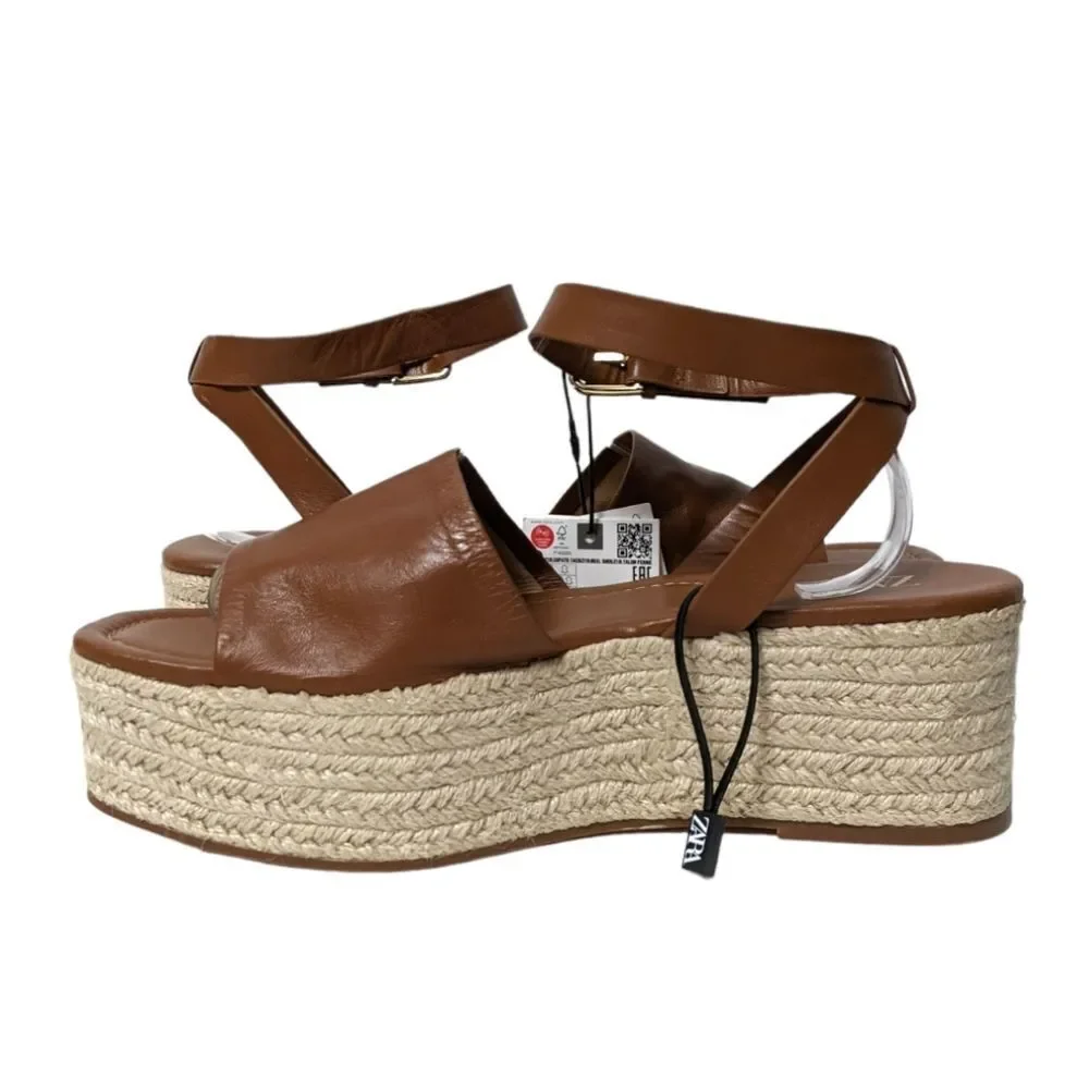 NWT ZARA Leather Ankle Wrap Platform Espadrilles 40